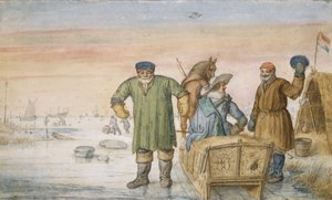 Kaksi vanhaa miestä kelkan vieressä, jossa on Amsterdamin ja Utrechtin vaakuna, 1620-33