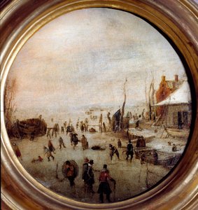 Talvimaisema luistelijoiden ja jääkiekkopelaajien kanssa Hendrick Avercampin (1585-1634) maalaus Halkaisija 25 cm Musei di Strada Nuova (ex Palazzo Rosso) Genes Italia