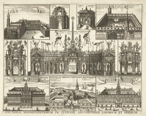 Blad met tien voorsetningen van de intocht van de Kardinaal Infant Ferdinand te Antwerpen, 1635 Näytteitä Antwerpenin kaupungin upeimmista paikoista ja teoksista (otsikko esineessä)