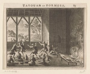 Osa Formosan asukkaiden hautausrituaalia Tayouan of Formosa (otsikko esineessä) tekijältä Hendrik Frans Diamaer