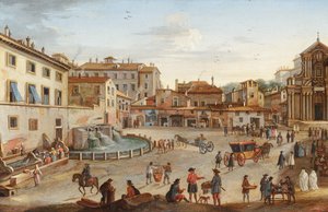 Rooma, näkymä Palazzo Barberinin palatsista, jossa on useita hahmoja (öljy kuparille). tekijältä Hendrik Frans van called lo Studio (circle of) Lint
