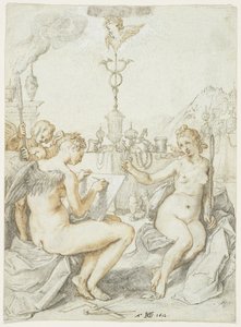 Allegoria piirtämisen taiteesta taiteilijan tunnuksella, 1612 (muste, liitu ja guassi paperille) tekijältä Hendrik Goltzius