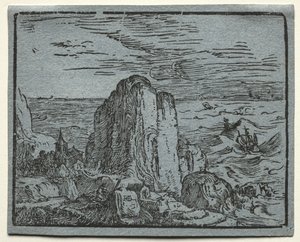 Neljän maiseman sarjasta: No.4 - Kallio meren rannalla. tekijältä Hendrik Goltzius