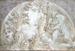 Hercules ja Nemean-leijona tekijältä Hendrik Goltzius