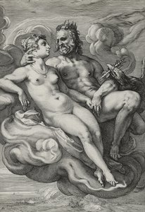 Jupiter ja Juno, n. 1593-1594 (kaiverrus paperille) tekijältä Hendrik Goltzius