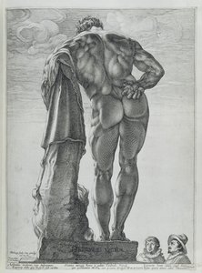 Farnese Herculesin takaa (kuparikaiverrus) tekijältä Hendrik Goltzius