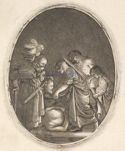 Salome saa Johannes Kastajan pään, kolmen miehen ja lapsen ympäröimänä..., n. 1610.