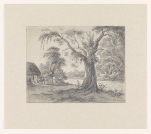 Maisema, jossa on puu ja kota, hevonen ja vaunut sekä kaksi hahmoa tekijältä Hendrik Huygens (signed by artist)