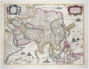 Yleinen kartta sisältää Arabian, Japanin, Korean niemimaan ja suurimman osan Indonesian saaristosta, 1631 (värikaiverrus)
