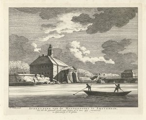 Sagging Muiderpoort, nähtynä Singelgrachtista, 1769 Kuva Muyderpoortista Amsterdamissa, eläintarhassa romahtaneena syndenä, näkyy ulkopuolelta, sikkuva (otsikko esineessä) tekijältä Hendrik Keun