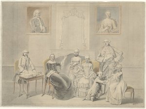 Pieter Cornelis Hasselaerin ja Clara Wendela Sautijnin lapset, joiden muotokuvat roikkuvat seinällä, isoäitinsä Wendela Eleonora Reaelin kanssa