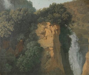 Ummaan kasvaneet kalliot ja vesiputous Italiassa, ehkä Tivolissa tekijältä Hendrik Voogd (attributed to)