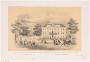 Näkymä Herenlogement van Dordrechtin Tournooiveldistä Haagissa noin 1850 Näkymä erittäin hyvin syntyneen herra jhr. herra H. I. Caanin talosta, näkyy Tournooiveldistä (otsikko esineessä)