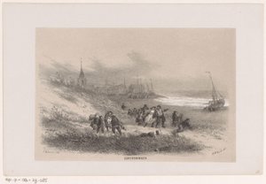 Scheveningen myrskyn aikana 28. toukokuuta 1860 Scheveningen (otsikko esineessä) Albumi kymmenestä litografoidusta luonnoksesta, jotka kuvaavat Tooneelen of the Destruction, 28. toukokuuta 1860 myrskyn kiihottamana Gravenhaagsche Boschissa Scheveningenissä