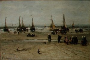 Rannikkomaisema kalastusaluksilla ja kalastajilla tekijältä Hendrik William Mesdag