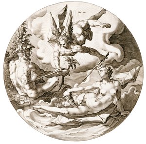 Päivä III, Vesien erottaminen, sarjasta The Six Days of Creation, 1589 tekijältä Hendrik after Goltzius