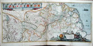 Kartta Rein-joen suunnasta, "Le Nouveau Theatre du Monde", Amsterdam 1639 (värikaiverrus) tekijältä Hendrik the Elder Hondius