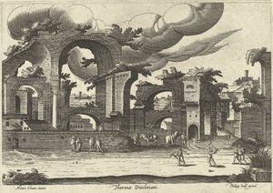 Diocletianuksen kylpylän rauniot sivulta, kaksi miestä pelaamassa krokettia etualalla, 1585. tekijältä Hendrik van Cleve III