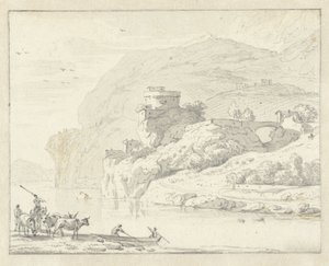 Italialainen vuoristomaisema, jossa porohoitajia ja karjaa sekä kaksi hahmoa joen ylittävässä veneessä tekijältä Hendrik van der Straaten (attributed to)