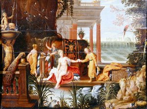 Batseba altaalla palvelijoidensa kanssa (öljy paneelille). tekijältä Hendrik van the Elder Balen