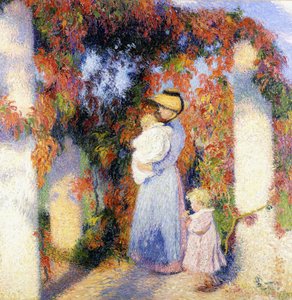 Mulher com dois filhos sob a pérgula principal em Marquayrol, c.1900 (óleo sobre tela) finlandês tekijältä Henri Charles Manguin
