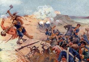 Seitsemänvuotinen sota, valloituksen sota (1754-1763): Fort Carillonin taistelu 8.7.1758 ranskalaisten ja brittiläisten joukkojen välillä Mohawkien kanssa liittoutuneiden välillä Ticonderogassa, Champlain-järven eteläpuolella (New York) (ranskalaiset ja in