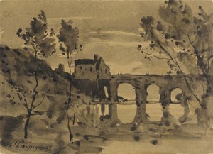 Jokimaisema, silta ja talo tekijältä Henri-Joseph Harpignies