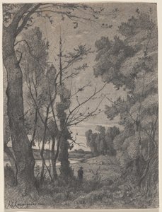 Metsäinen maisema joen varrella tekijältä Henri-Joseph Harpignies