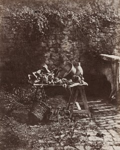 Tyyni elämä: ruukku, kannu ja vihanneksia sahalaitapöydällä, n. 1852 (kuva)