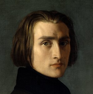 Franz Lisztin (1811-1886), unkarilaisen säveltäjän ja pianistin (1839) muotokuva. Yksityiskohta kasvoista. Henri Lehmannin maalaus (Karl Ernest (Ernst) Rudolf Heinrich Salem dit) (1814-1882). Pariisi, Musee Carnavalet.
