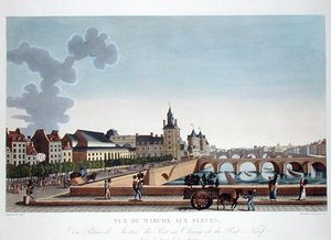 Näkymä Kukkatorille Palais de Justicessa, n. 1816-20 (värikaiverrus)