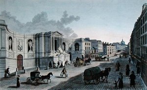 Näkymä suihkulähteestä Rue de Grenelle, Faubourg St. Germain, Grimberghenin kaiverrus, noin 1815-20 (värillinen kaiverrus).