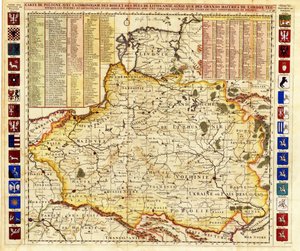 Puolan kartta sisältää osia Liivinmaasta ja Moskovan suurherttuakunnasta par Chatelain, Henri Abraham (1684-1743). Etsaus, akvarelli tekijältä Henri Abraham Chatelain