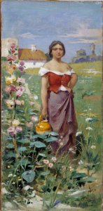 Camargaise kannu Nuori nainen, joka on pukeutunut mustalaisen kanssa pellolla. Adrien Henri Tanoux