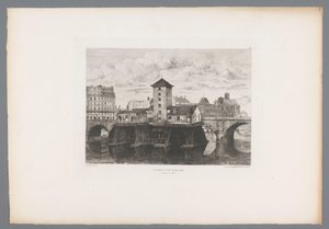 Gezicht op de Pont Notre-Dame Pont Notre-Dame -pumppu (otsikko esineessä) France etsen uit 1875 (sarjan nimi) Etsaus vuonna 1875 (sarjan nimi) tekijältä Henri Alexandre Saffrey