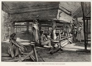 Batak-naiset, Pohjois-Sumatran etninen ryhmä, kudonta. Kaiverrus Laurent Desrousseaux havainnollistamaan tarinaa "" yksi vuosi Malesiassa", Jules Claine (1856-1939), vuosina 1889-1890, Le tour du Monde 1892, ohjaaja Edouard Charton (1807-1891), Hachette, P