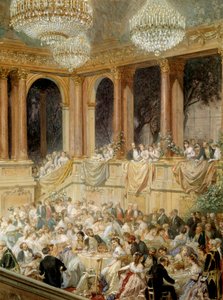 Vastaanotto antaa Napoleon III:n tuileriesille. Henri Baronin vesiväri (1816-1885)