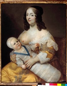 Esitys tulevasta kuningas Ludvig XIV:n (1638-1715) vauvasta uimapuvussa hoitajansa Marie de Longuet de la Giraudieren käsivarsissa Naisen rinta on löydetty ja valmis imettämään lasta. Charlesin (1604-1692) ja Henrin (1603-1677) maalaus