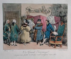 Kuuluisa henkilö: "Se, mitä teet, ei ole niin huonosti kuvattu, rakkaani", sarjakuva "Vues de Paris, esquisses morales et philosophiques", kaiverrus Francois Seraphin Delpech (1778-1825) (väri litho)