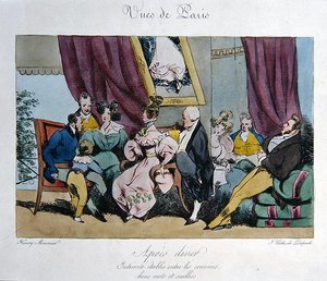 Humoristinen kuvaus vieraiden käyttäytymisestä ja keskustelusta illallisen jälkeen, sarjakuva "Vues de Paris, esquisses morales et philosophiques", kaivertanut Francois Seraphin Delpech (1778-1825) (väri litho)