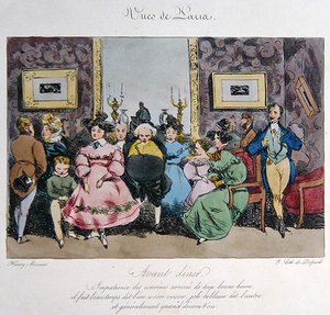 Humoristinen kuvaus vieraiden käytöksestä ja keskustelusta ennen illallista, kaiverrus Francois Seraphin Delpech (1778-1825) (värilitho)