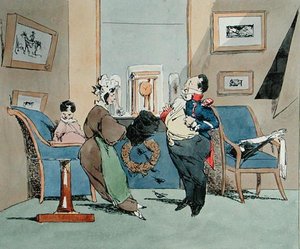 "Minusta on tullut hirveän voimakas... Sir on erittäin ylpeä univormuistaan", sarjakuva Francois Seraphin Delpechin (1778-1825) 1800-luvun alussa "Vues de Paris, Esquisses morales et philosophiques" -sarjaan (väri litho)