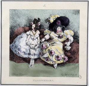 Rumia naisia, jotka tekevät "" kuvakudosta"" istuen olohuoneessa - Henri Monnierin "" Parisiennesissä", toim. Delpech, Pariisi