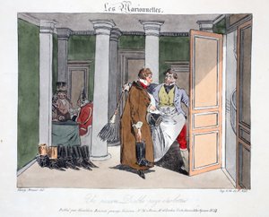 Paholainen köyhä maksaa saappaat, kuvitus Henri Monnierin teoksesta "Les Marionnettes", litografia Delpech, pubi. Pariisi, n. 1828 (käsinvärinen lito) tekijältä Henri Bonaventure Monnier