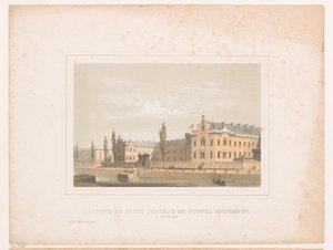 Näkymä Klein Kasteeltjen kasarmista ja uudesta varastosta Brysselissä Caserne du petit chateau et nouvel entrepôt, Bruxelles (otsikko esineessä)