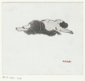 Makaava paljasrintainen japanilainen nainen tekijältä Henri Charles Guérard (attributed to)