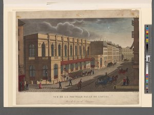 Rue de Provence -kadulta otettu näkymä oopperan uudesta salista, kaiverrus Rousseau, n. 1821 tekijältä Henri Courvoisier-Voisin