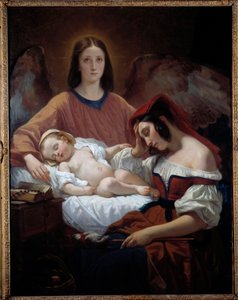 Suojelusenkeli Enkeli valvoo äitiä ja hänen nukkuvaa lasta. Henri Decaisnen (1799-1852) maalaus