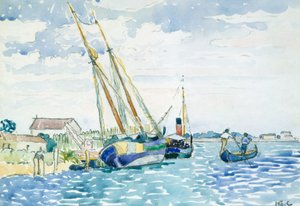 Merikohtaus (veneitä Venetsian lähellä), 1903 (grafiitti valkoiselle paperimassapaperille, kuivamountattu raskaalle paperimassakartongille). tekijältä Henri Edmond Cross