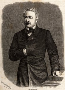 Muotokuva Ferdinand de Lessepsistä (1805-1894), diplomaatista ja yrittäjästä, kahden kunnianhimoisen hankkeen edistäjästä: Suezin ja Panaman kanavat, Henri Rousseaun piirustus havainnollistamaan Paul Merruaun retkiä Suezin kanavalle vuonna 1862. Kaiverrus 